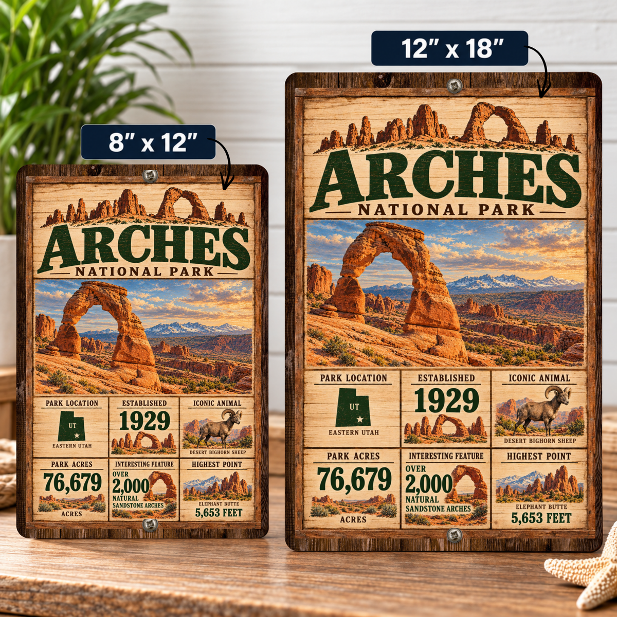 Arches National Park facts aluminum sign shown in 8 by 12 inch and 12 by 18 inch sizes