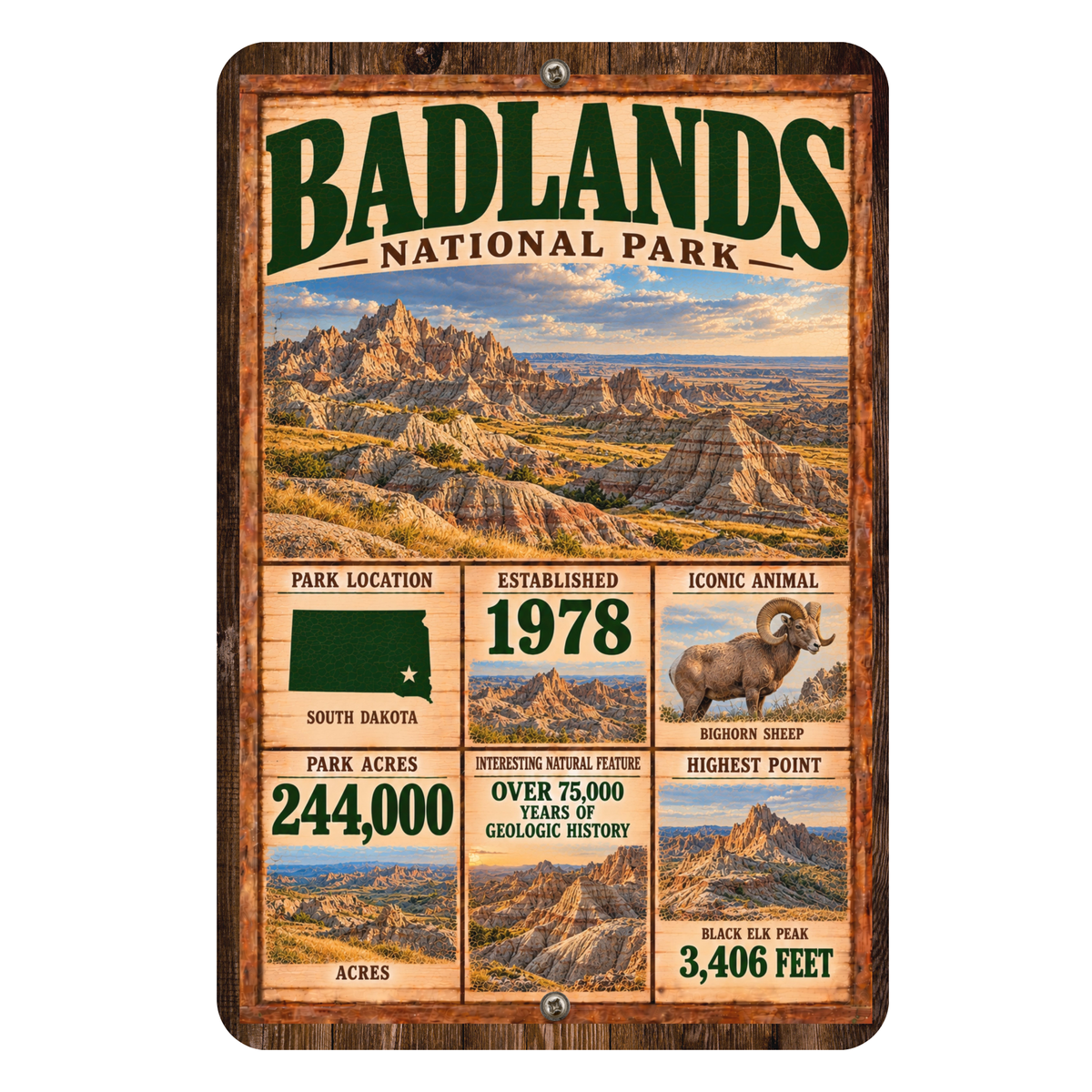 Badlands National Park facts aluminum sign featuring rugged South Dakota formations and a bighorn sheep