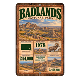 Badlands National Park facts aluminum sign featuring rugged South Dakota formations and a bighorn sheep
