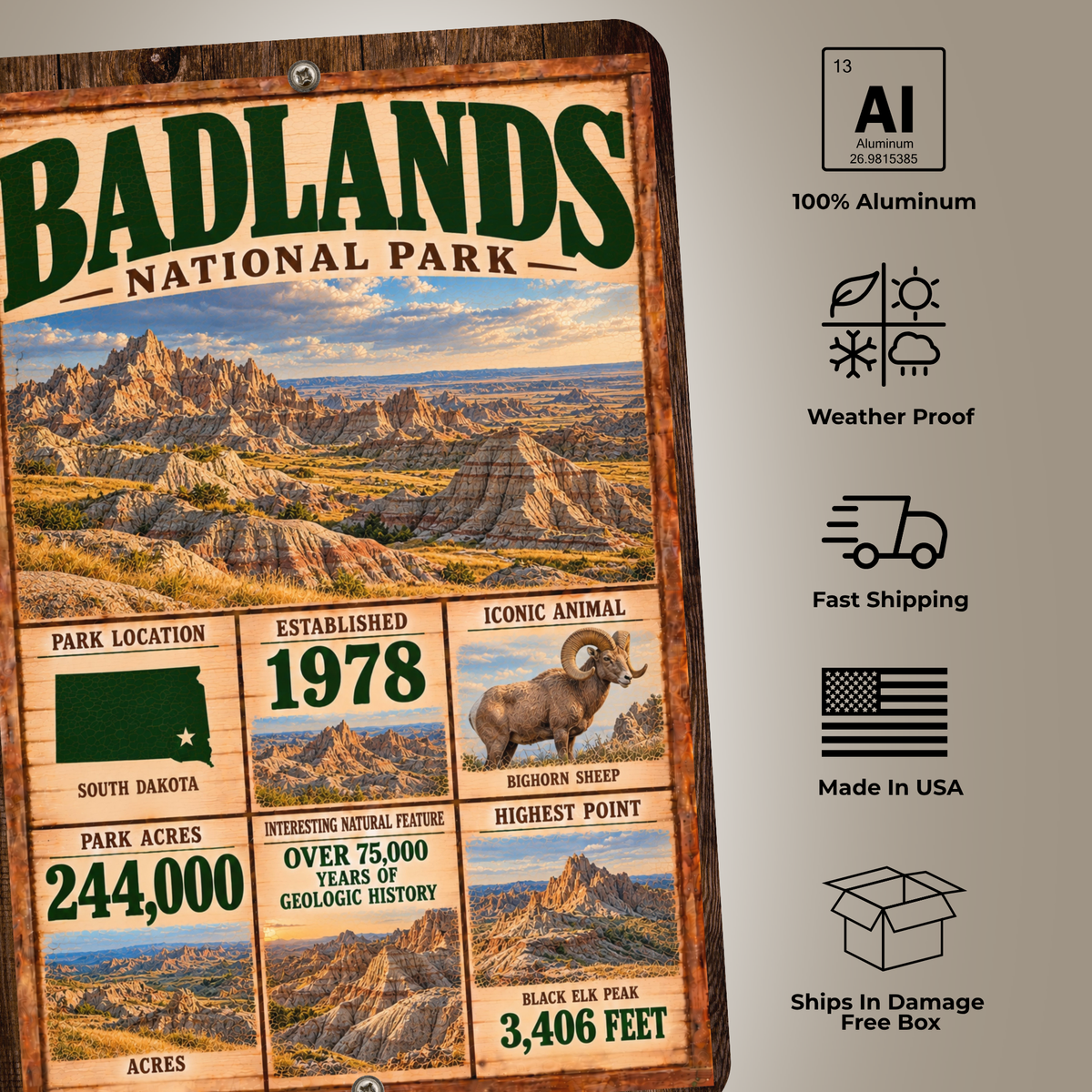 Badlands National Park aluminum sign with material, weather-resistant, shipping, and made-in-USA features