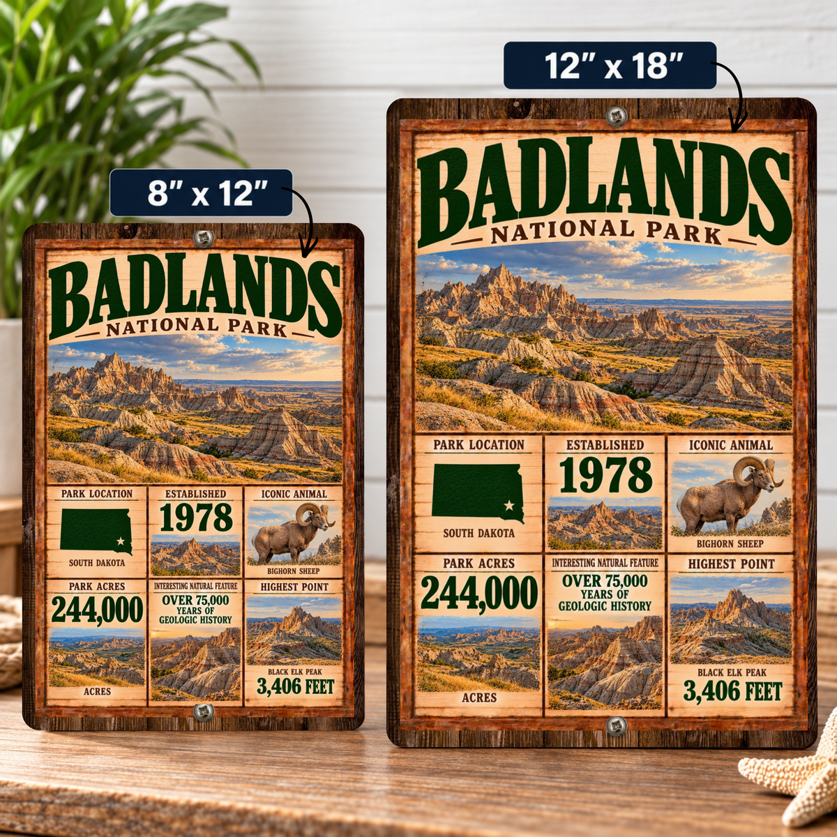Badlands National Park facts aluminum sign shown in 8 by 12 inch and 12 by 18 inch sizes