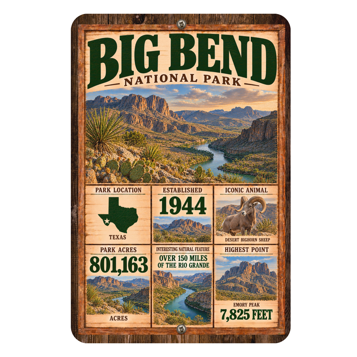 Big Bend National Park facts aluminum sign featuring Texas desert mountains, the Rio Grande, and a bighorn sheep