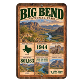 Big Bend National Park facts aluminum sign featuring Texas desert mountains, the Rio Grande, and a bighorn sheep