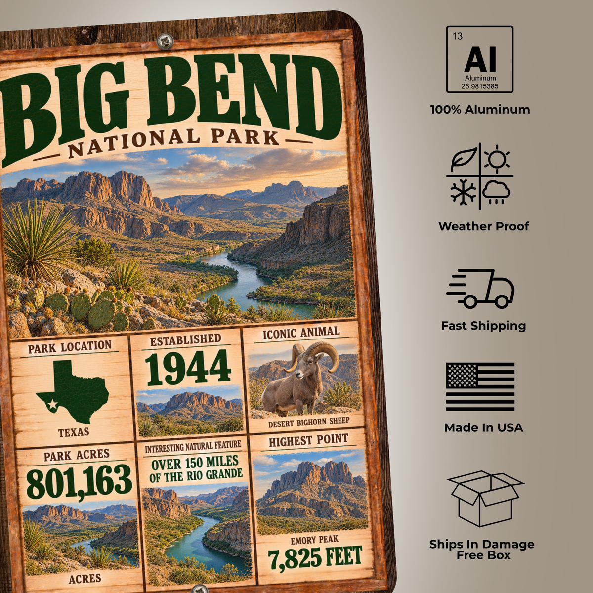 Big Bend National Park aluminum sign with material, weather-resistant, shipping, and made-in-USA features