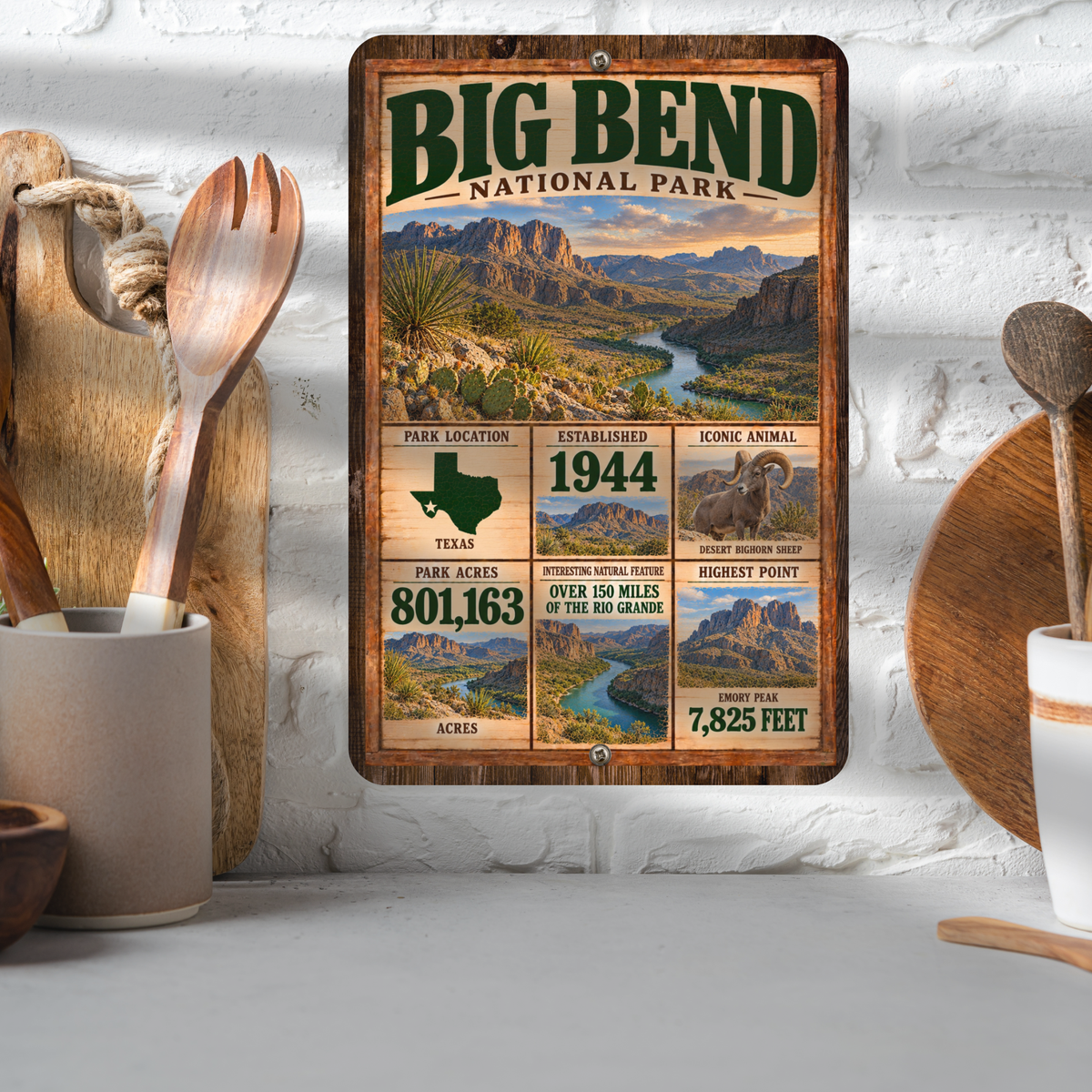 Big Bend National Park facts aluminum sign displayed on a kitchen wall