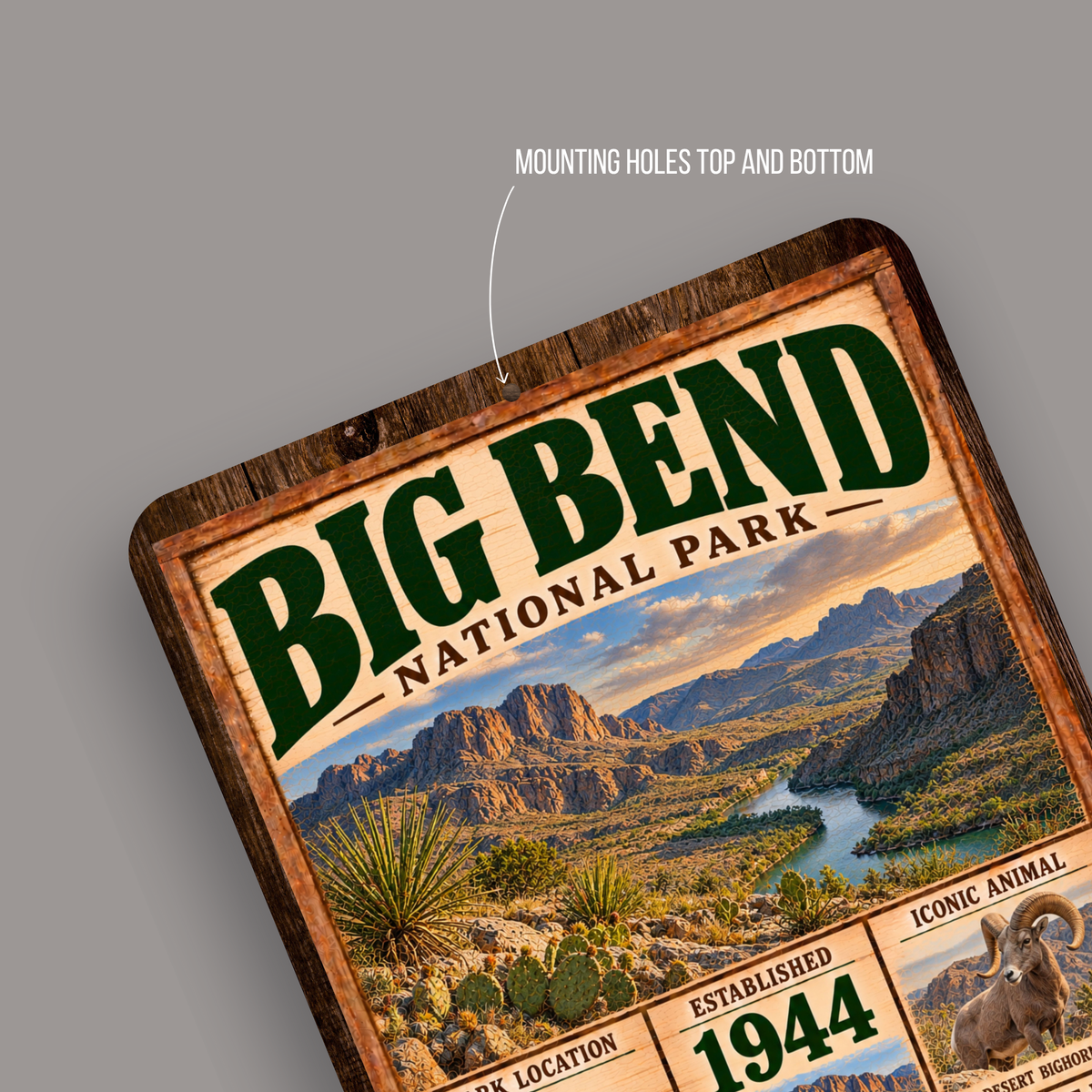 Close-up of the Big Bend National Park aluminum sign showing pre-drilled mounting holes