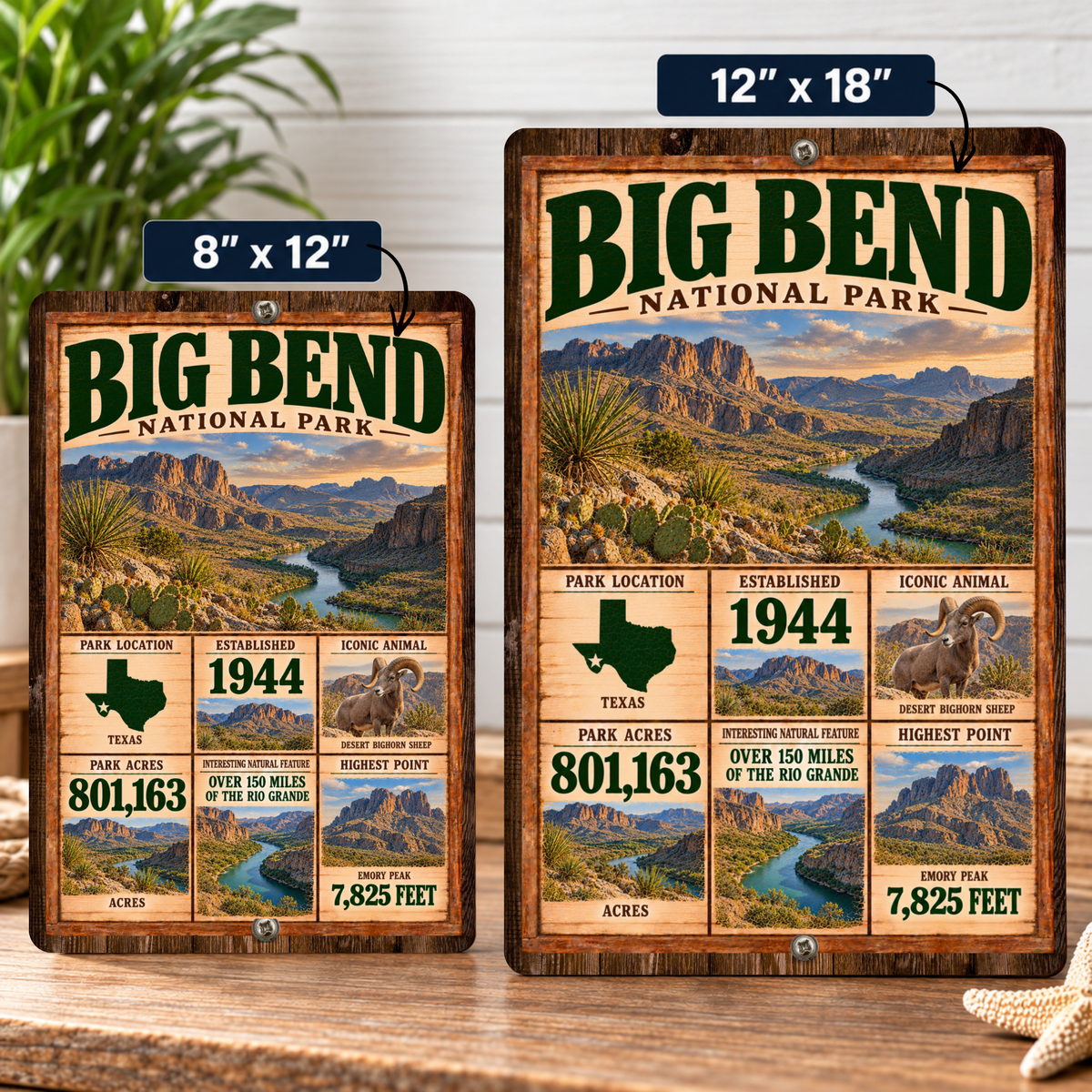 Big Bend National Park facts aluminum sign shown in 8 by 12 inch and 12 by 18 inch sizes