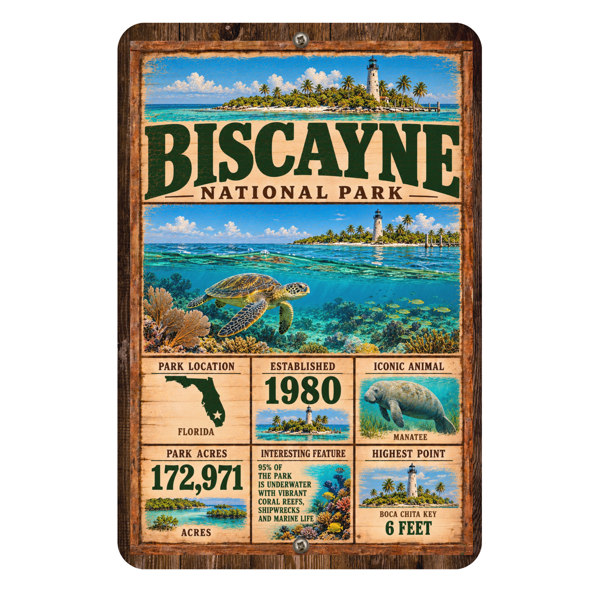 Biscayne National Park facts aluminum sign featuring turquoise water, coral reef, sea turtle, and lighthouse