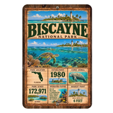 Biscayne National Park facts aluminum sign featuring turquoise water, coral reef, sea turtle, and lighthouse