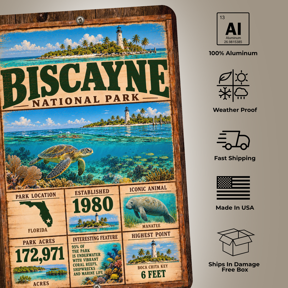 Biscayne National Park aluminum sign with material, weather-resistant, shipping, and made-in-USA features