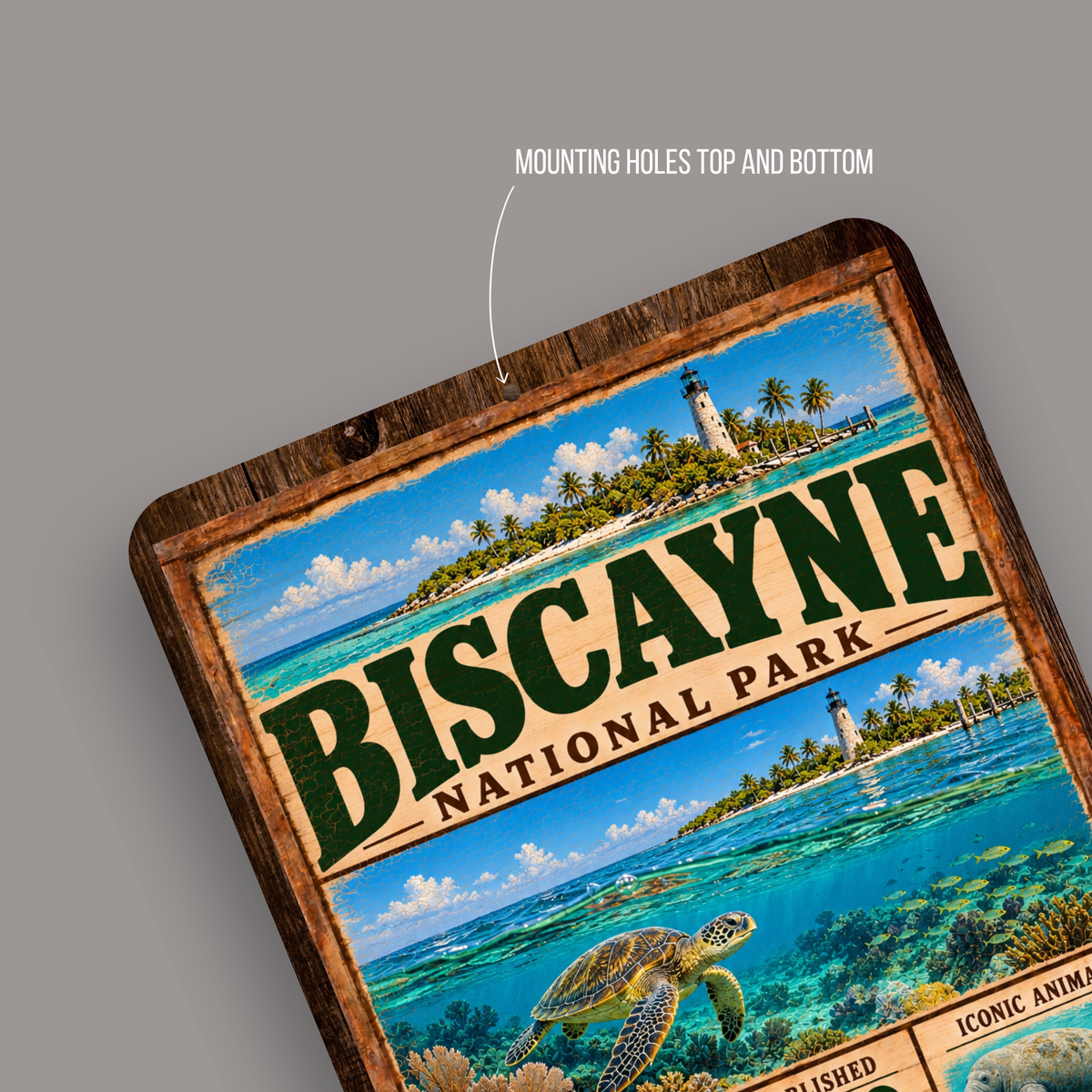 Close-up of the Biscayne National Park aluminum sign showing pre-drilled mounting holes