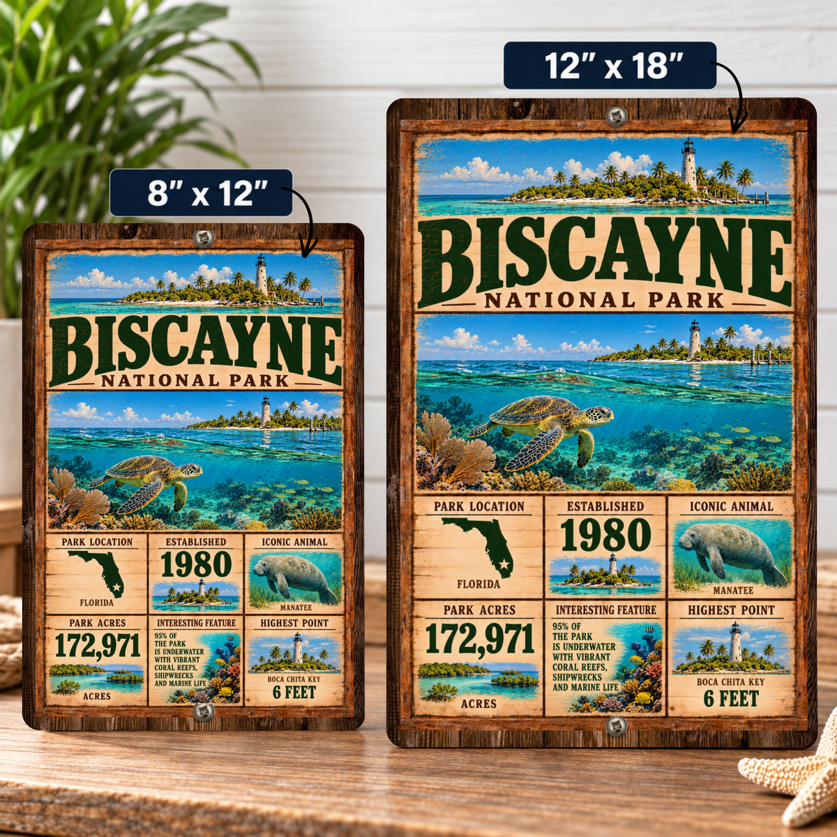 Biscayne National Park facts aluminum sign shown in 8 by 12 inch and 12 by 18 inch sizes