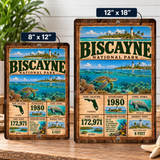 Biscayne National Park facts aluminum sign shown in 8 by 12 inch and 12 by 18 inch sizes