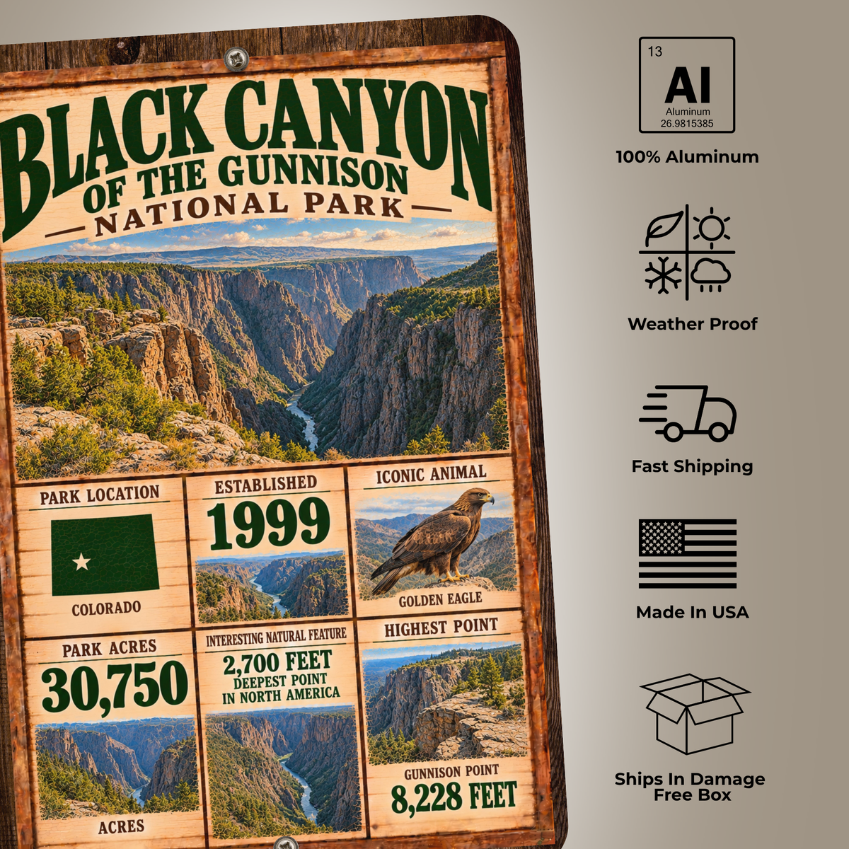 Black Canyon National Park sign features including aluminum construction and weather resistance