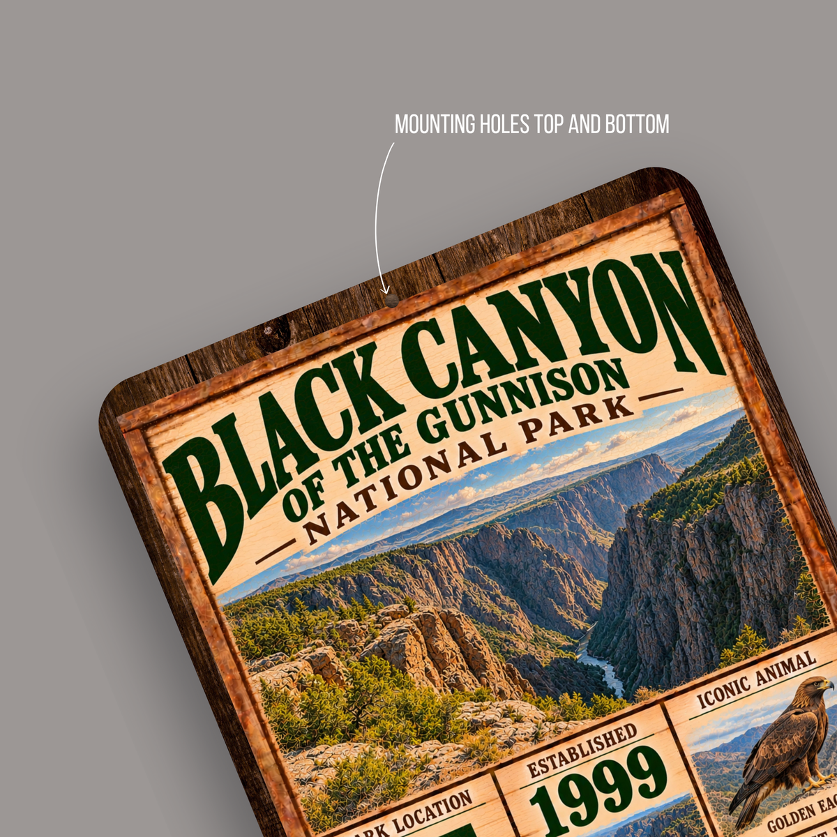 Black Canyon National Park aluminum sign showing rounded corners and mounting holes
