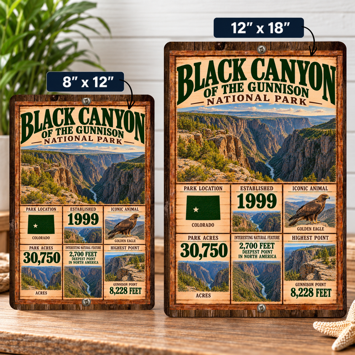 Black Canyon National Park facts sign shown in 8 by 12 and 12 by 18 inch sizes