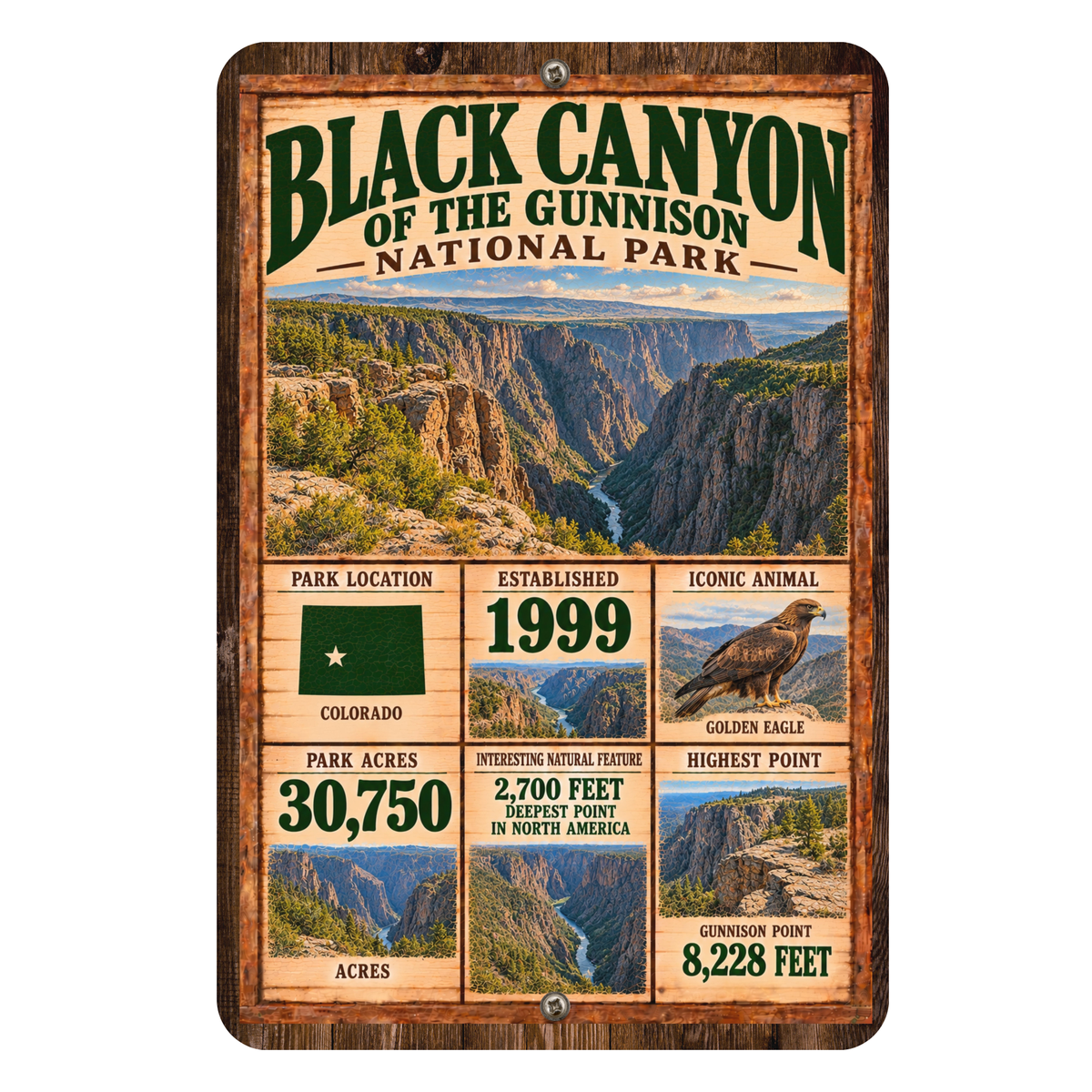 Black Canyon of the Gunnison National Park facts aluminum sign with vintage canyon artwork