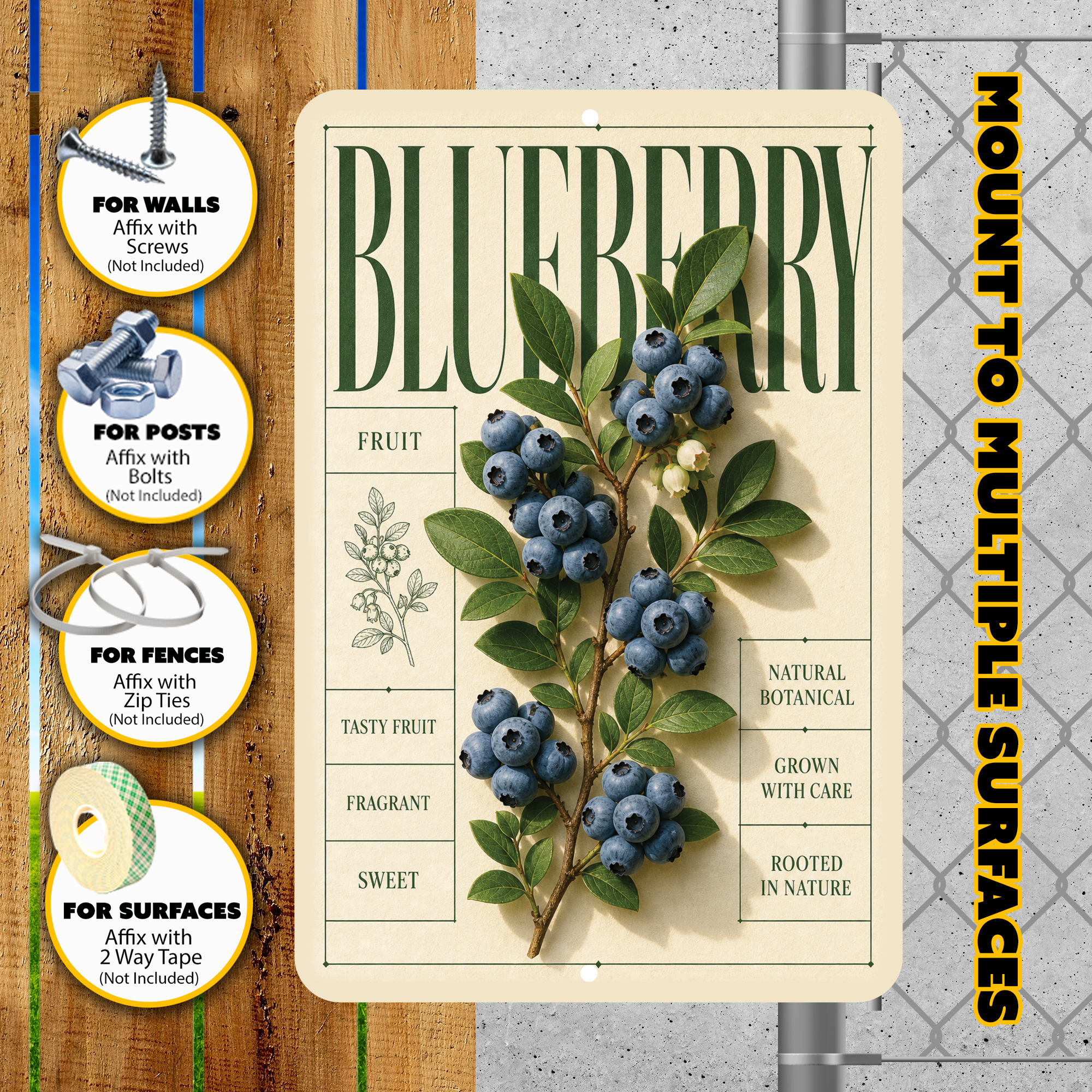 Blueberry Botanical Aluminum Sign – Fruit Kitchen & Garden Décor
