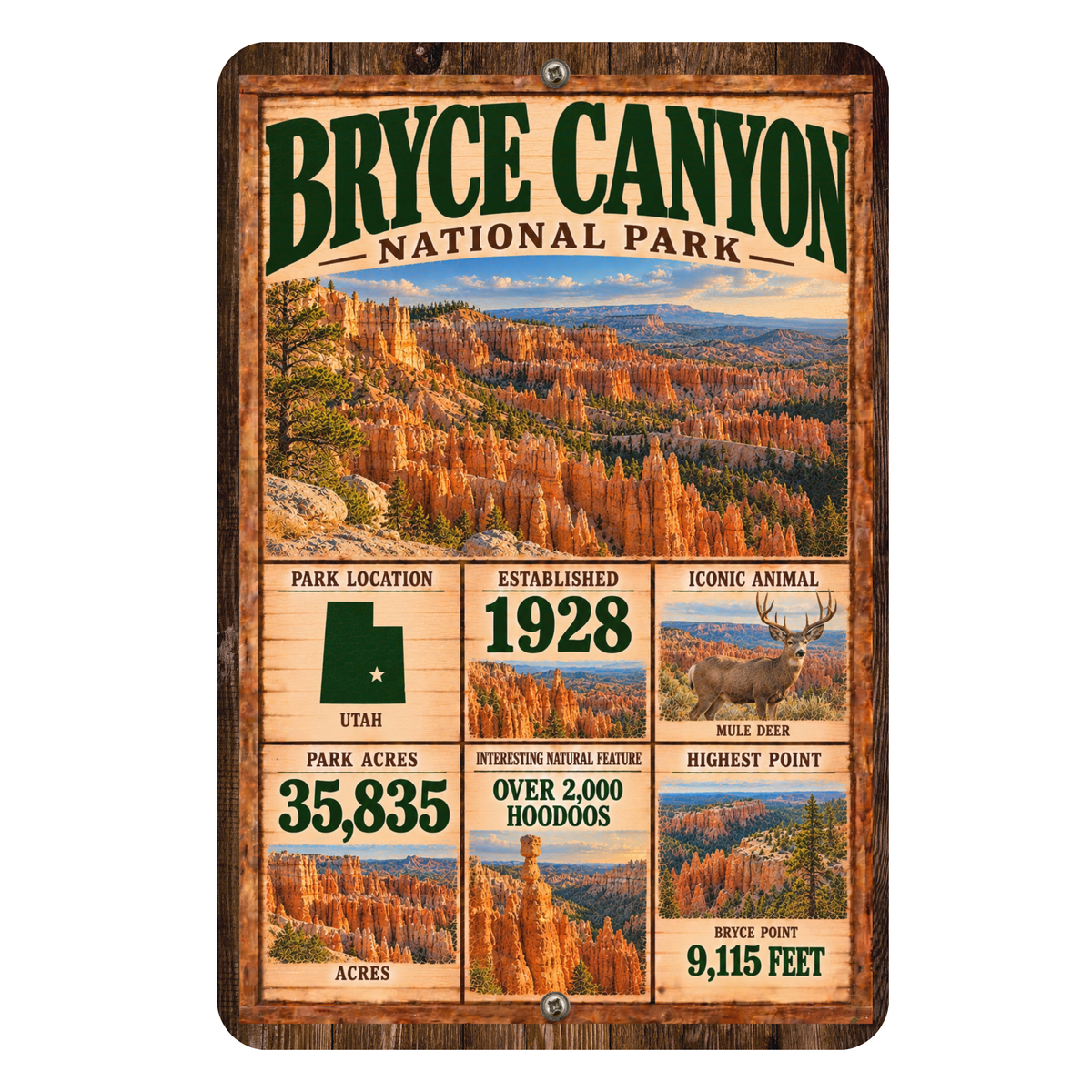 Bryce Canyon National Park facts aluminum sign with vintage hoodoo landscape artwork