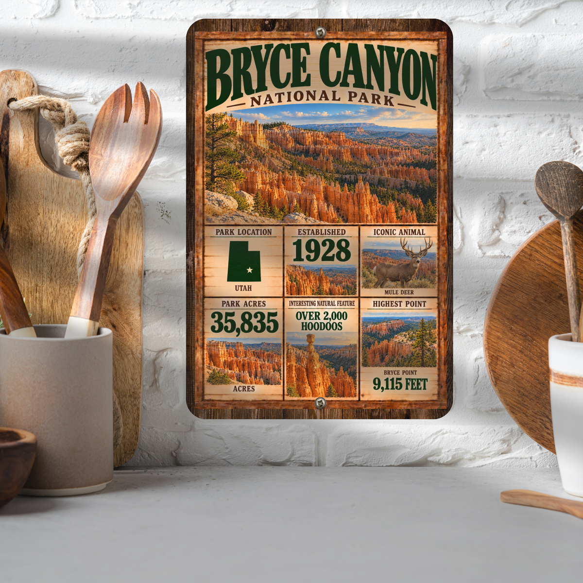 Bryce Canyon National Park aluminum facts sign displayed in a kitchen
