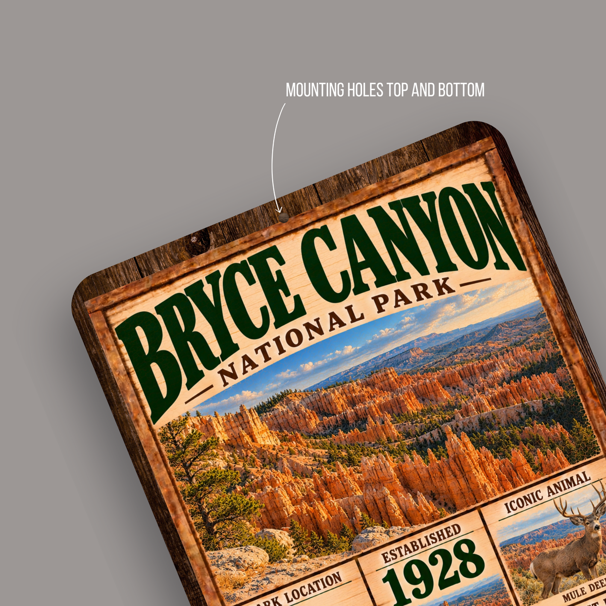 Bryce Canyon National Park aluminum sign showing rounded corners and mounting holes