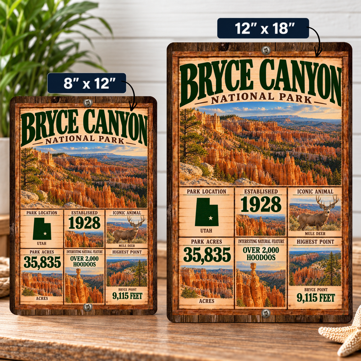 Bryce Canyon National Park facts sign shown in 8 by 12 and 12 by 18 inch sizes