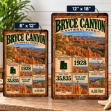 Bryce Canyon National Park facts sign shown in 8 by 12 and 12 by 18 inch sizes