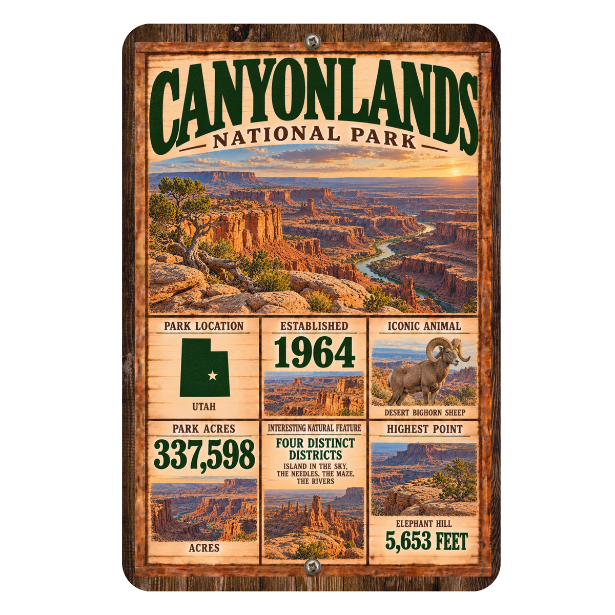 Canyonlands National Park facts aluminum sign with vintage Utah canyon landscape artwork