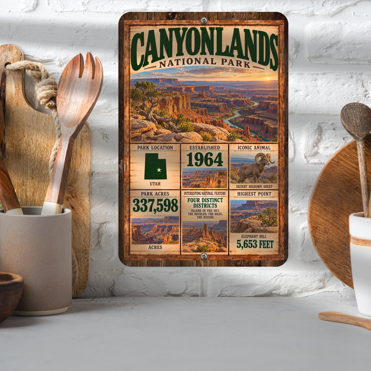 Canyonlands National Park aluminum facts sign displayed in a kitchen