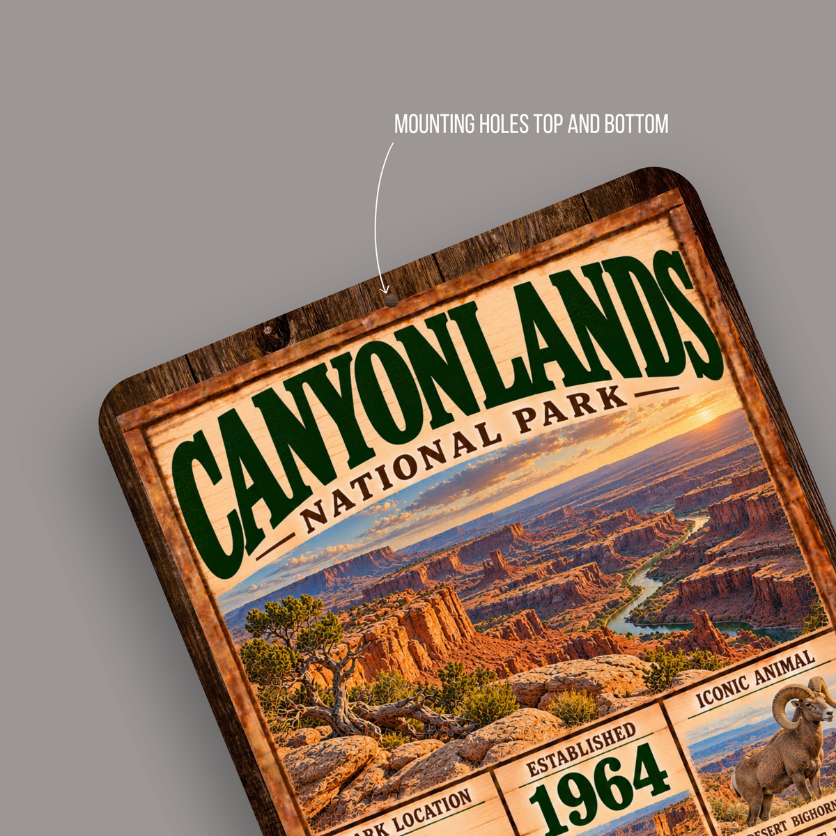 Canyonlands National Park aluminum sign showing rounded corners and mounting holes