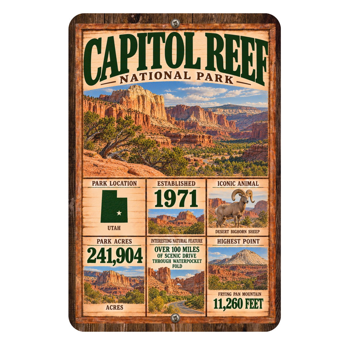 Capitol Reef National Park facts aluminum sign with vintage Utah red rock landscape artwork