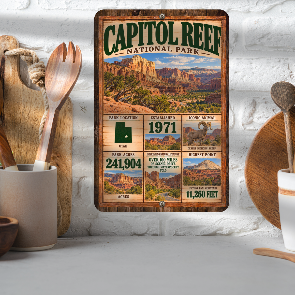 Capitol Reef National Park aluminum facts sign displayed in a kitchen