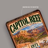 Capitol Reef National Park aluminum sign showing rounded corners and mounting holes