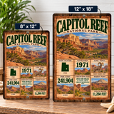 Capitol Reef National Park facts sign shown in 8 by 12 and 12 by 18 inch sizes