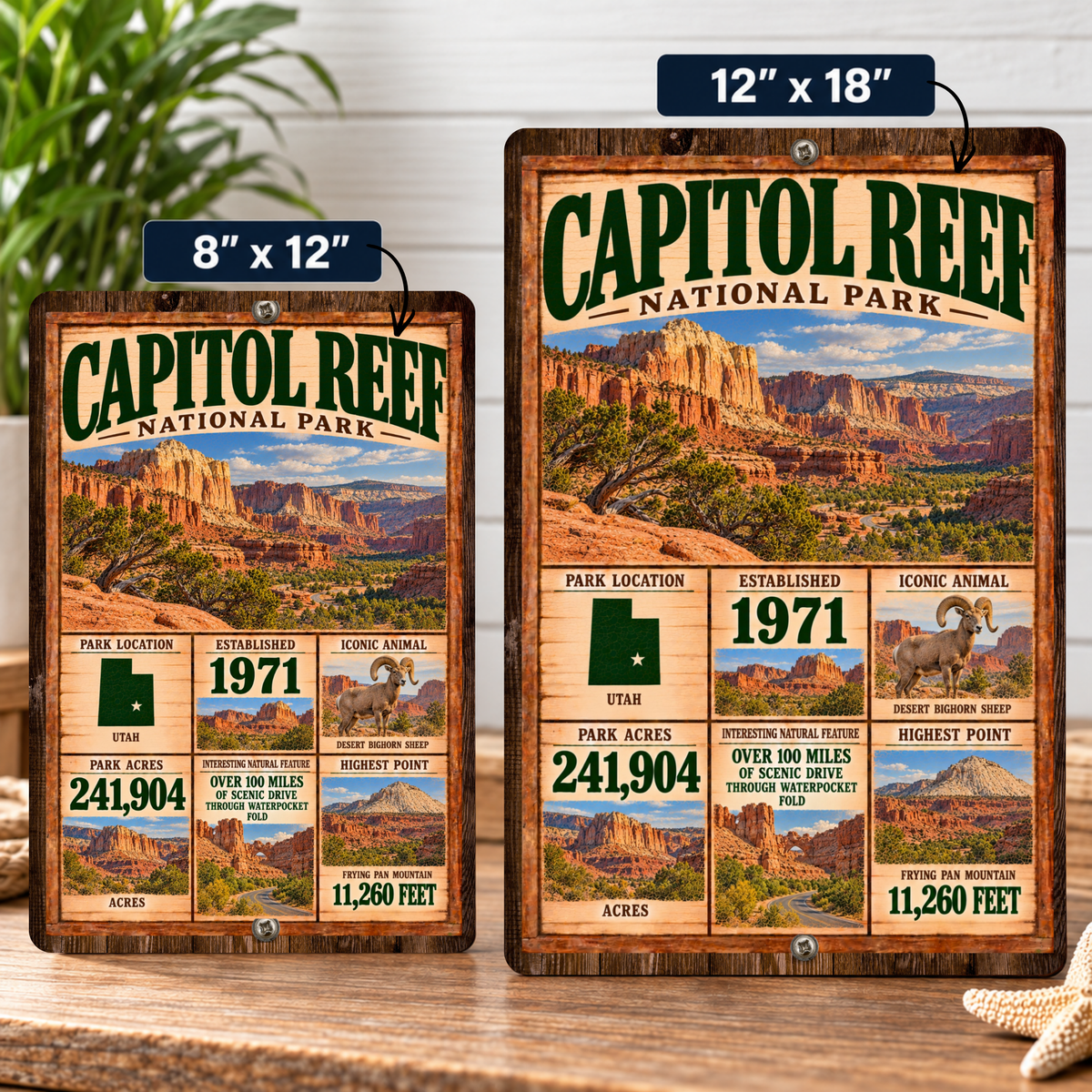 Capitol Reef National Park facts sign shown in 8 by 12 and 12 by 18 inch sizes