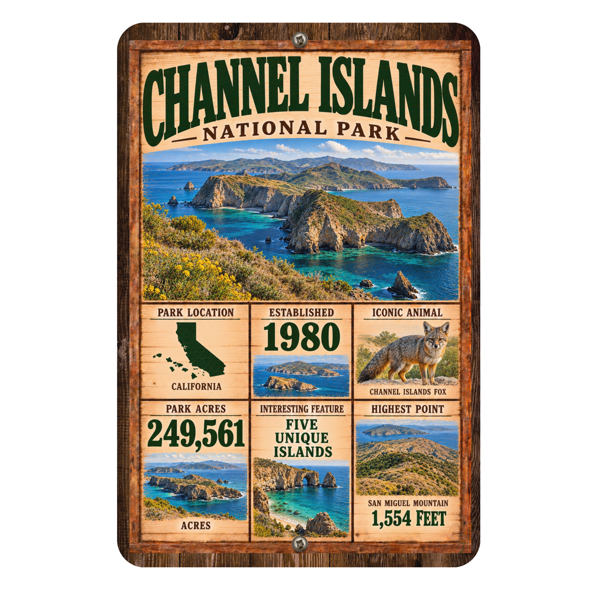 Channel Islands National Park facts aluminum sign with vintage California island artwork