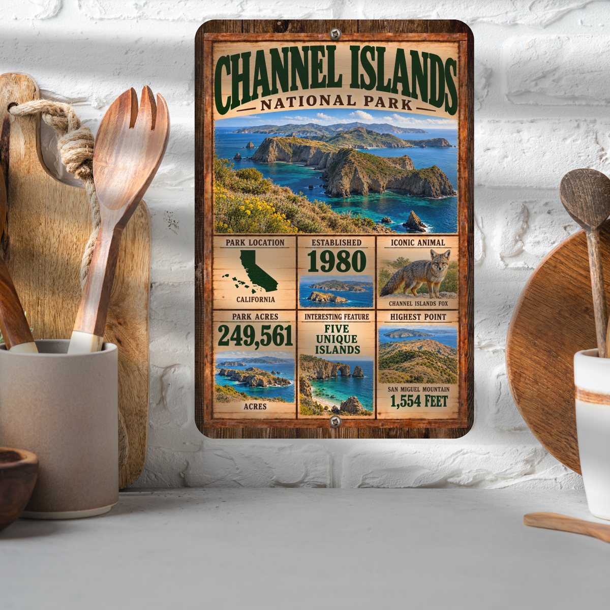 Channel Islands National Park aluminum facts sign displayed in a kitchen