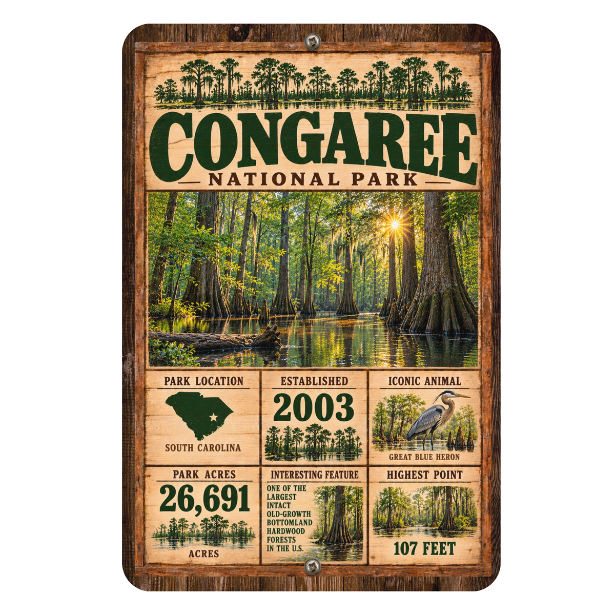 Congaree National Park facts aluminum sign with vintage South Carolina forest artwork