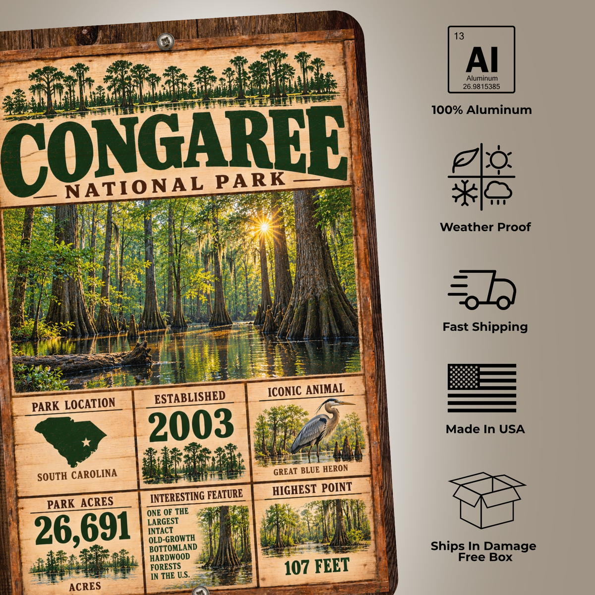 Congaree National Park sign features including aluminum construction and weather resistance