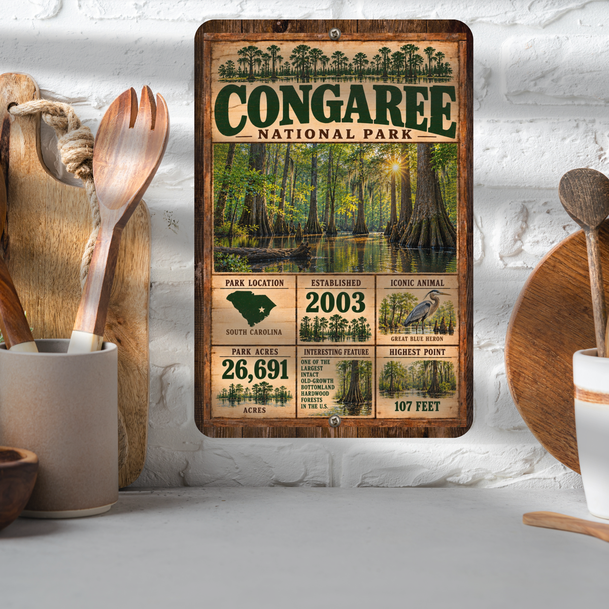 Congaree National Park aluminum facts sign displayed in a kitchen