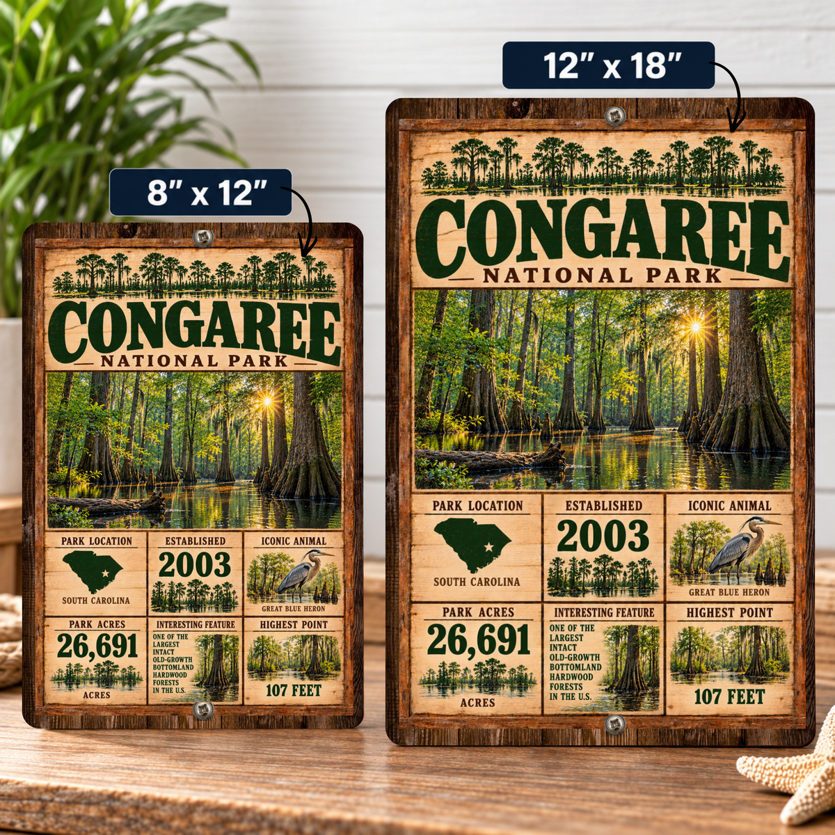 Congaree National Park facts sign shown in 8 by 12 and 12 by 18 inch sizes