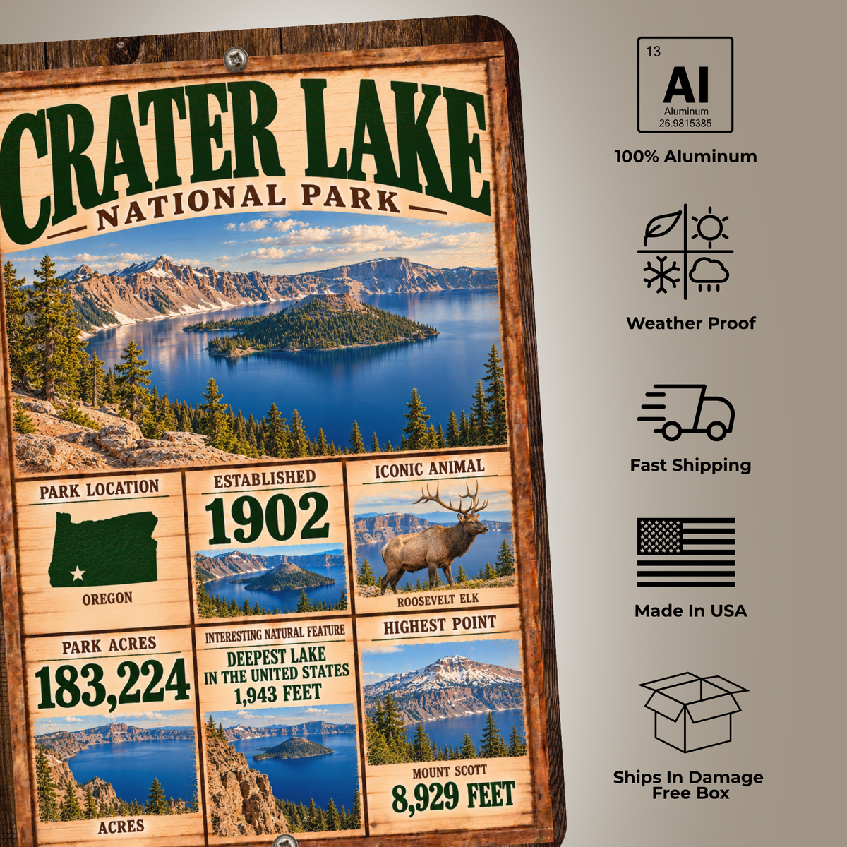 Crater Lake National Park sign features including aluminum construction and weather resistance