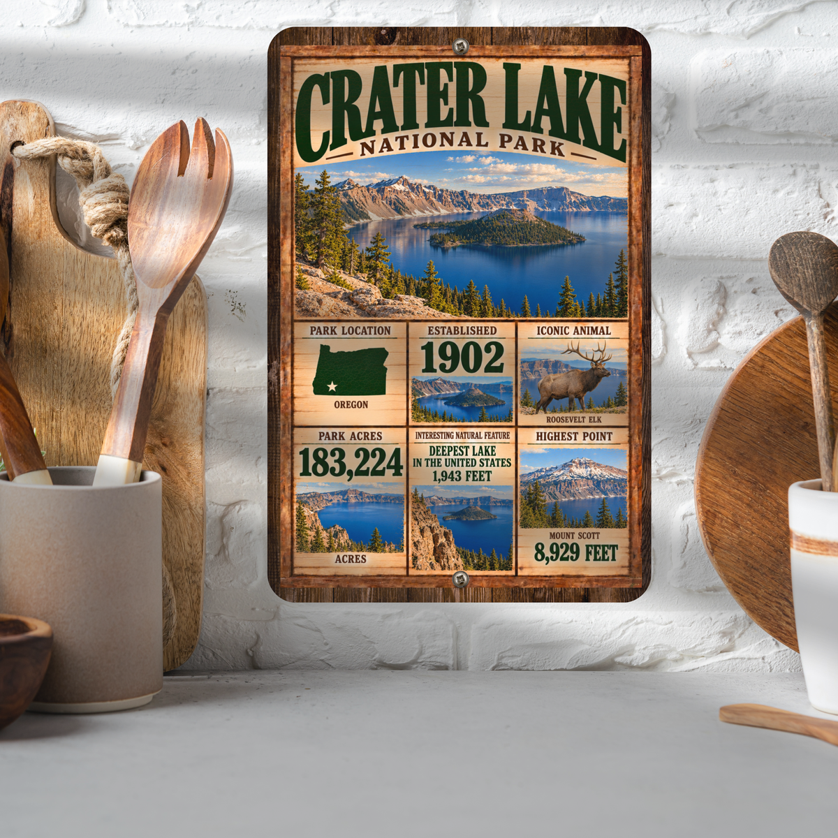 Crater Lake National Park aluminum facts sign displayed in a kitchen
