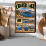 Crater Lake National Park aluminum facts sign displayed in a kitchen