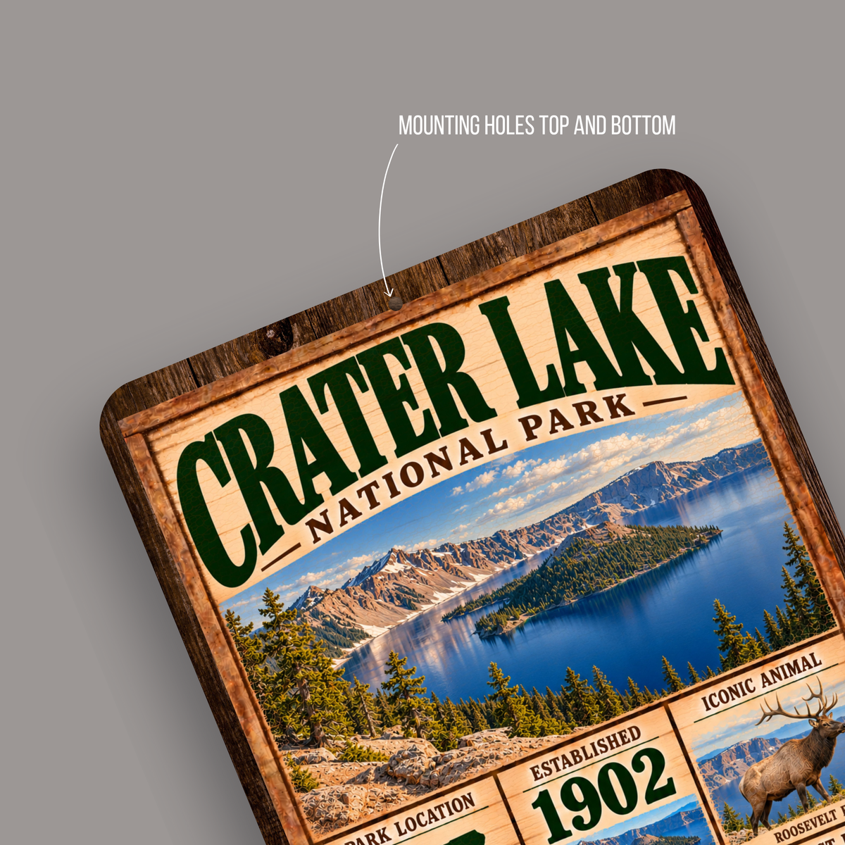 Crater Lake National Park aluminum sign showing rounded corners and mounting holes