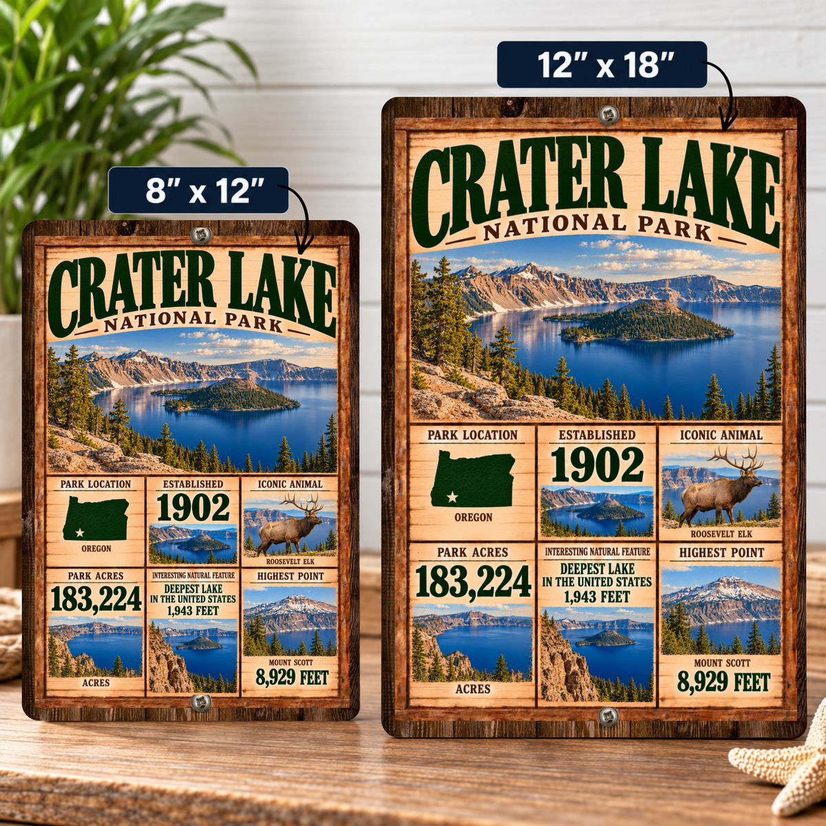 Crater Lake National Park facts sign shown in 8 by 12 and 12 by 18 inch sizes