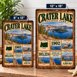 Crater Lake National Park facts sign shown in 8 by 12 and 12 by 18 inch sizes