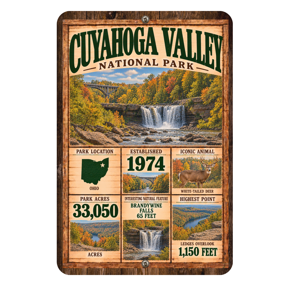 Cuyahoga Valley National Park facts aluminum sign with vintage Ohio waterfall artwork