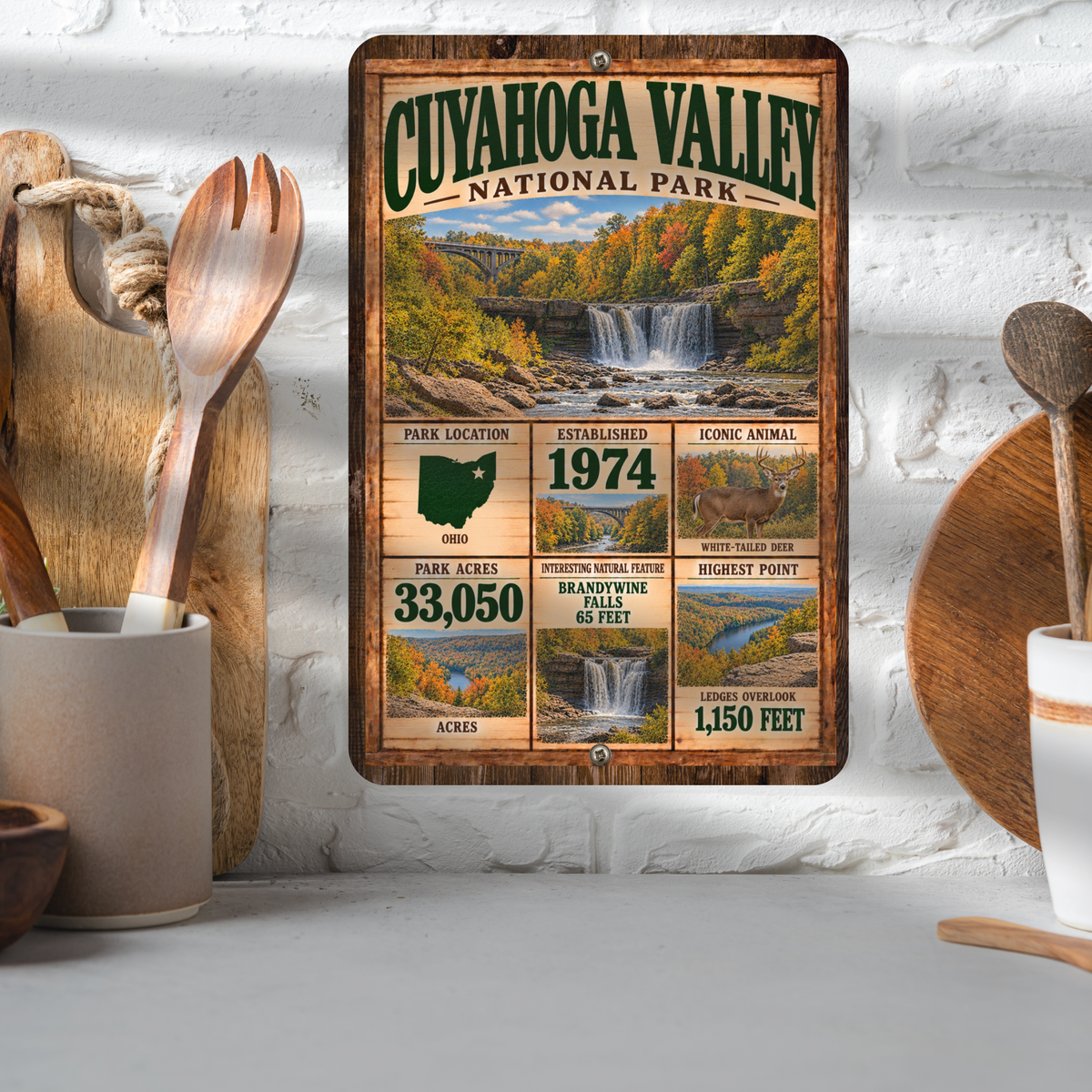 Cuyahoga Valley National Park aluminum facts sign displayed in a kitchen