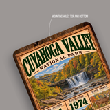 Cuyahoga Valley National Park aluminum sign showing rounded corners and mounting holes